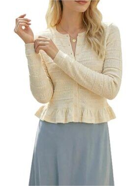 Wool Blend Ruffle Cardigan Sweater Button Down Cropped Long Sleeve Knit Top